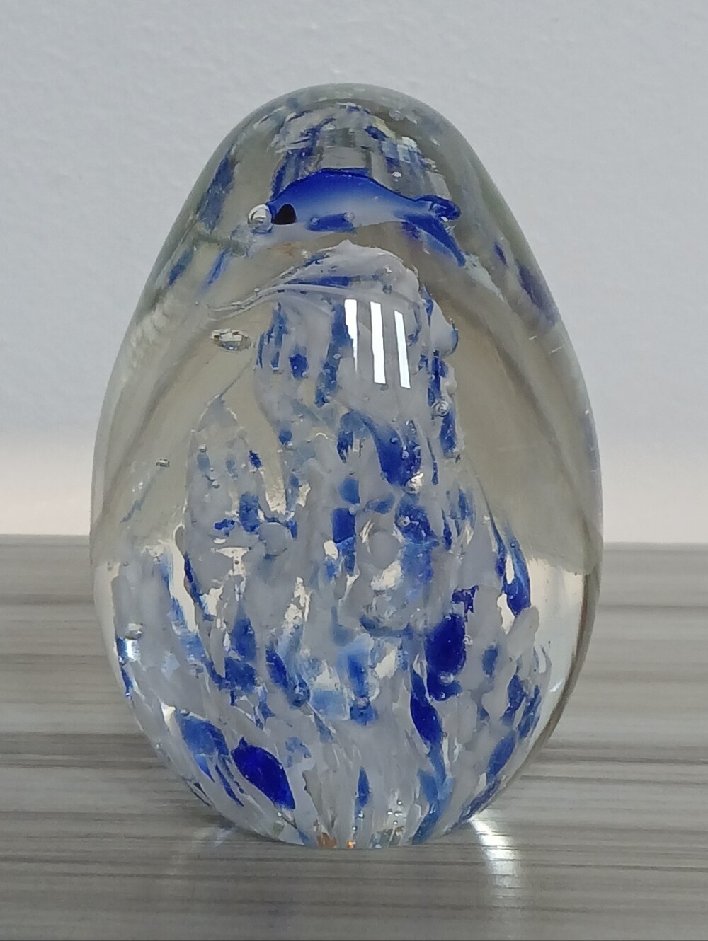 Vintage Handblown Art Glass Aquarium Egg Paperweight Dolphin Coral Waves Ocean
